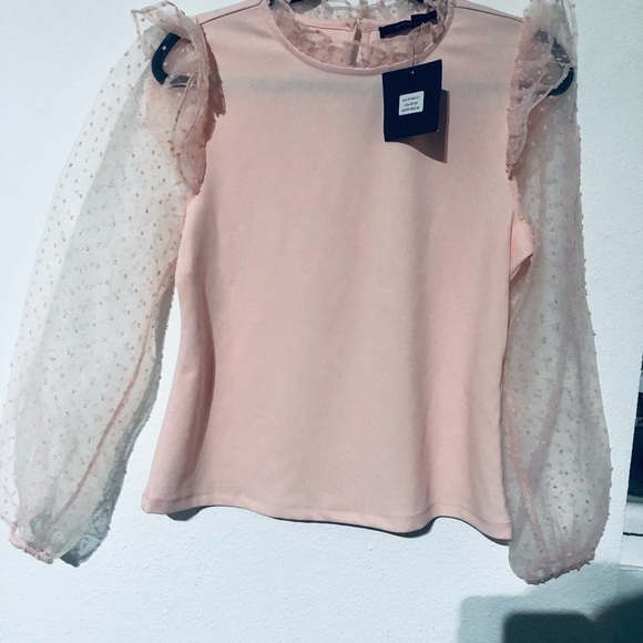 Mark New York Blush  Pink Long Sheer Polka Puff Sleeves Blouse With Ruff… - Picture 1 of 6